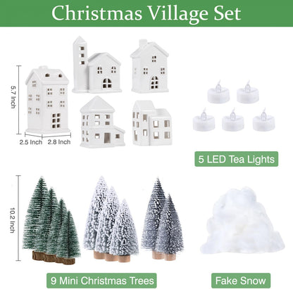 Regine Switzerland Ceramic Christmas Village Houses Set - 5 White Houses, 9 Trees & Fake Snow for Festive Indoor Decor
