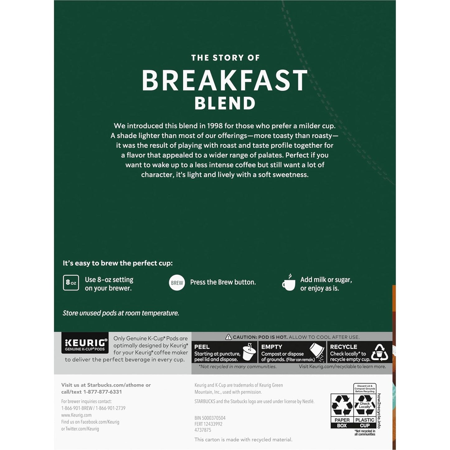 Starbucks K-Cup Coffee Pods - Medium Roast Breakfast Blend for Hot or Iced Coffee | 96 Pods