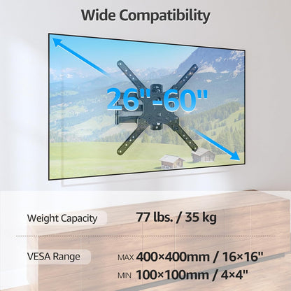 MOUNTUP Full Motion TV Wall Mount for 26-60 Inch TVs - Swivel, Tilt, Single Stud Design, Max VESA 400x400mm