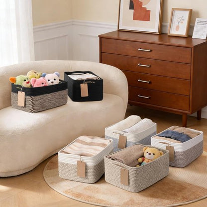 Goodpick Storage Baskets - 4 Pack Rectangle Woven Bins for Organizing Baby Toys | 13''L x 8''W x 6''H, Brown & White