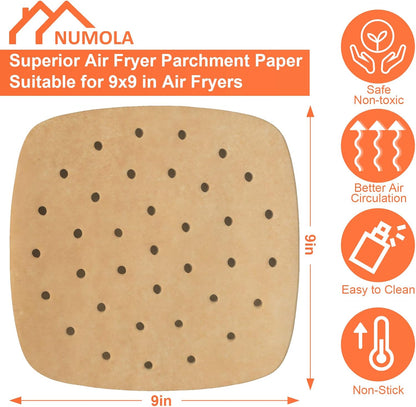 Numola 100 Pcs Disposable Air Fryer Liners - 9 Inch Perforated Parchment Sheets for Baking & Steaming