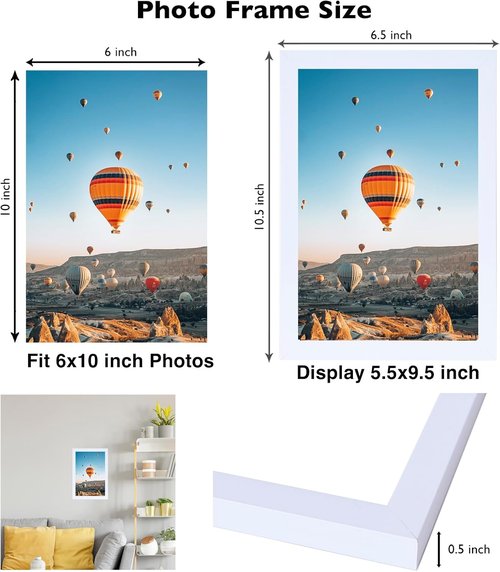 JCJMY 6x10 Picture Frame - White Wall Mount or Tabletop Display with Shatter-Resistant Plexiglass
