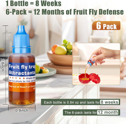 Skiennix Fruit Fly Trap Refill Liquid - Long-Lasting Gnat Killer Bait | Safe for Kitchen & Bathroom (6 Pack)