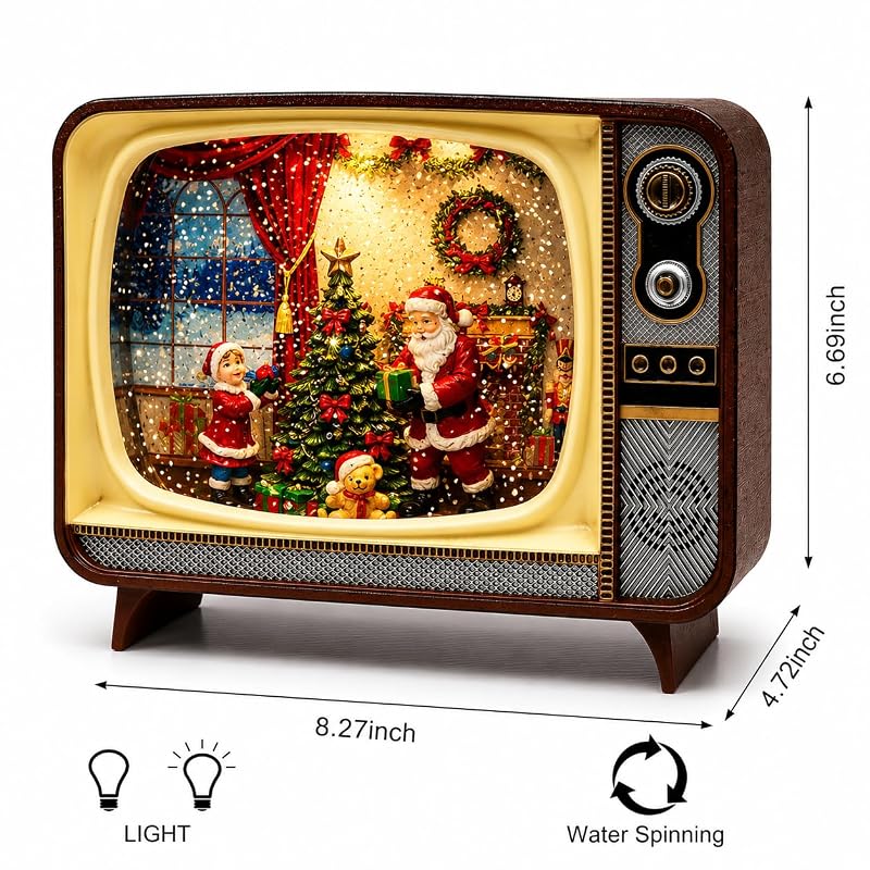 Retro TV Christmas Decor LED Water Spinner Santa Scene - Battery Operated Acrylic Globe