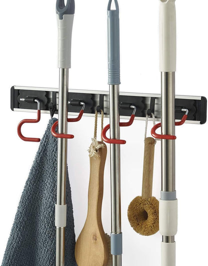 Skiennix Wall Mounted Mop and Broom Holder - Stainless Steel S-Type Organizer | 17 Inches, 4 Positions, 3 Hooks, Red & Black