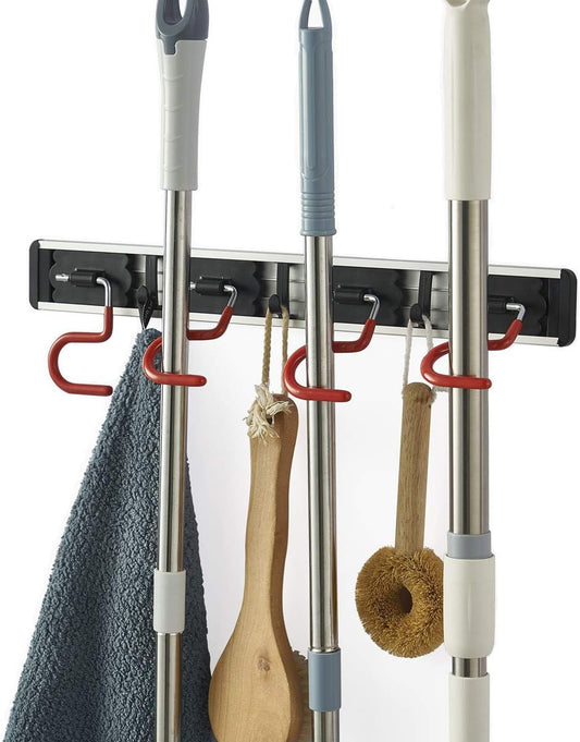 Skiennix Wall Mounted Mop and Broom Holder - Stainless Steel S-Type Organizer | 17 Inches, 4 Positions, 3 Hooks, Red & Black