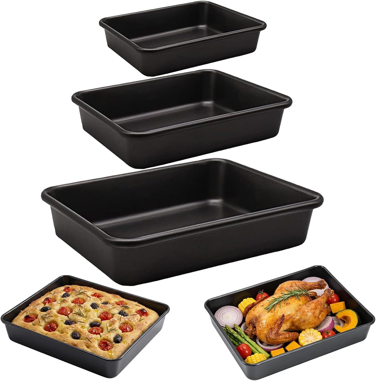 Skiennix Nonstick Roasting Pan Set - 3-Pack Durable Bakeware for Oven | Rectangular Black Design