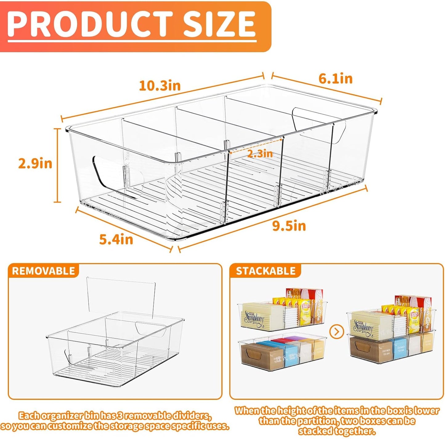 Skiennix Stackable Snack Organizer - Clear Plastic Storage Bins for Pantry & Fridge | 6 Pack