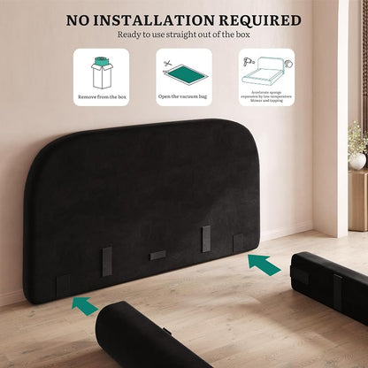 Queen Size Cloud Bed Frame with Headboard - Curved Velvet Upholstered Bed, Black