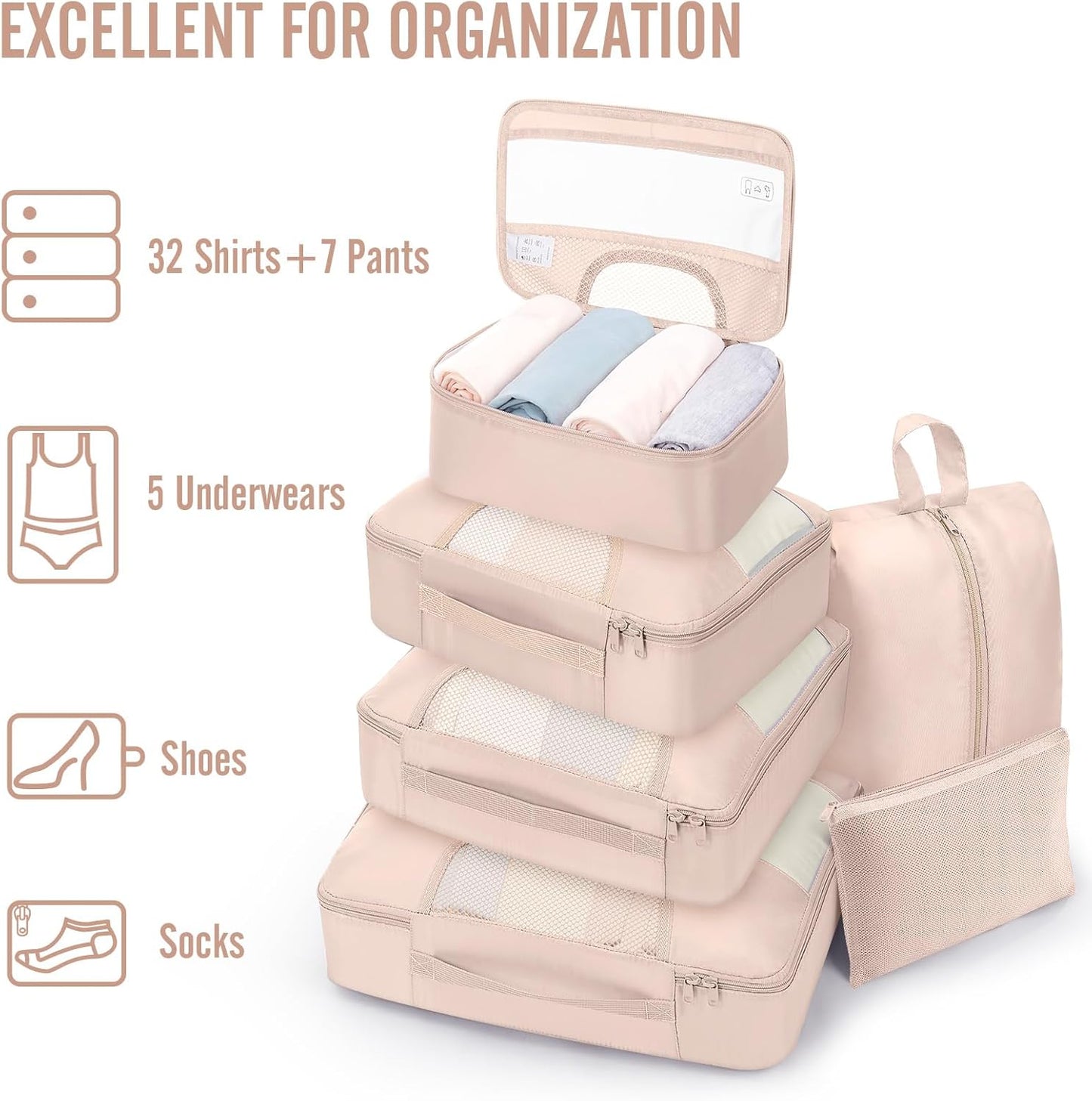 Veken Packing Cubes Set - Travel Essentials for Beach Vacations | Suitcase Organizer with Hanging Toiletry Bag