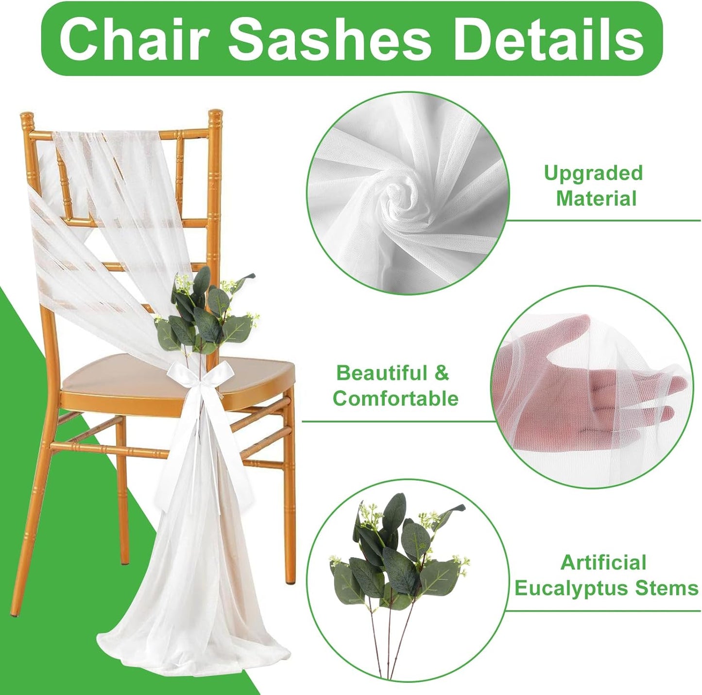 Skiennix Wedding Aisle Decorations - 24 Sets of Elegant White Ribbon Bows with Artificial Eucalyptus for Chairs & Benches