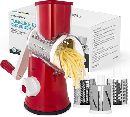 X Home Rotary Cheese Grater - Versatile Kitchen Shredder with 3 Blades & Suction Base | Easy to Clean, Red