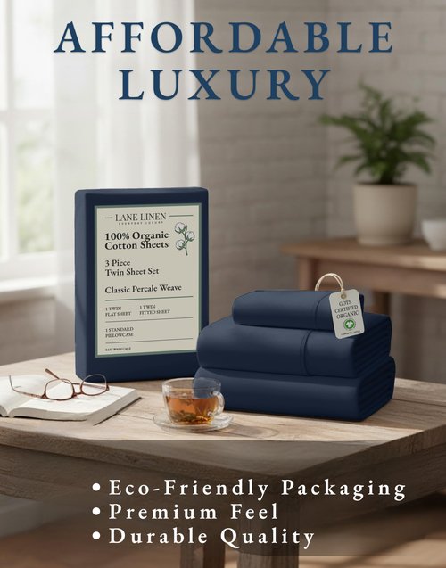 LANE LINEN 100% Organic Cotton Sheets Twin Size, Mercerized Cotton Fully Elasticized Soft & Comfy Bedding Sheets & Pillowcase Set, Good for Dorm Room, Deep Pocket Fully Elasticized Sheet- Navy