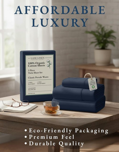 LANE LINEN 100% Organic Cotton Sheets Twin Size, Mercerized Cotton Fully Elasticized Soft & Comfy Bedding Sheets & Pillowcase Set, Good for Dorm Room, Deep Pocket Fully Elasticized Sheet- Navy