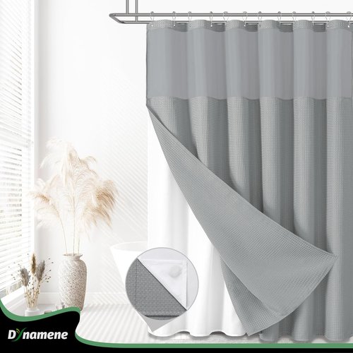 Dynamene Fabric Shower Curtain with Snap in Liner, Grey Waffle Hotel Shower Curtains for Bathroom, Washable Waterproof Cloth Shower Curtain Liner Set with Plastic Hooks, Mesh Top Window, 72x72, Gray