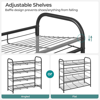 SONGMICS 4-Tier Shoe Rack - Stackable Metal Storage Shelf for 16 Pairs | Adjustable Slanted Design, Black