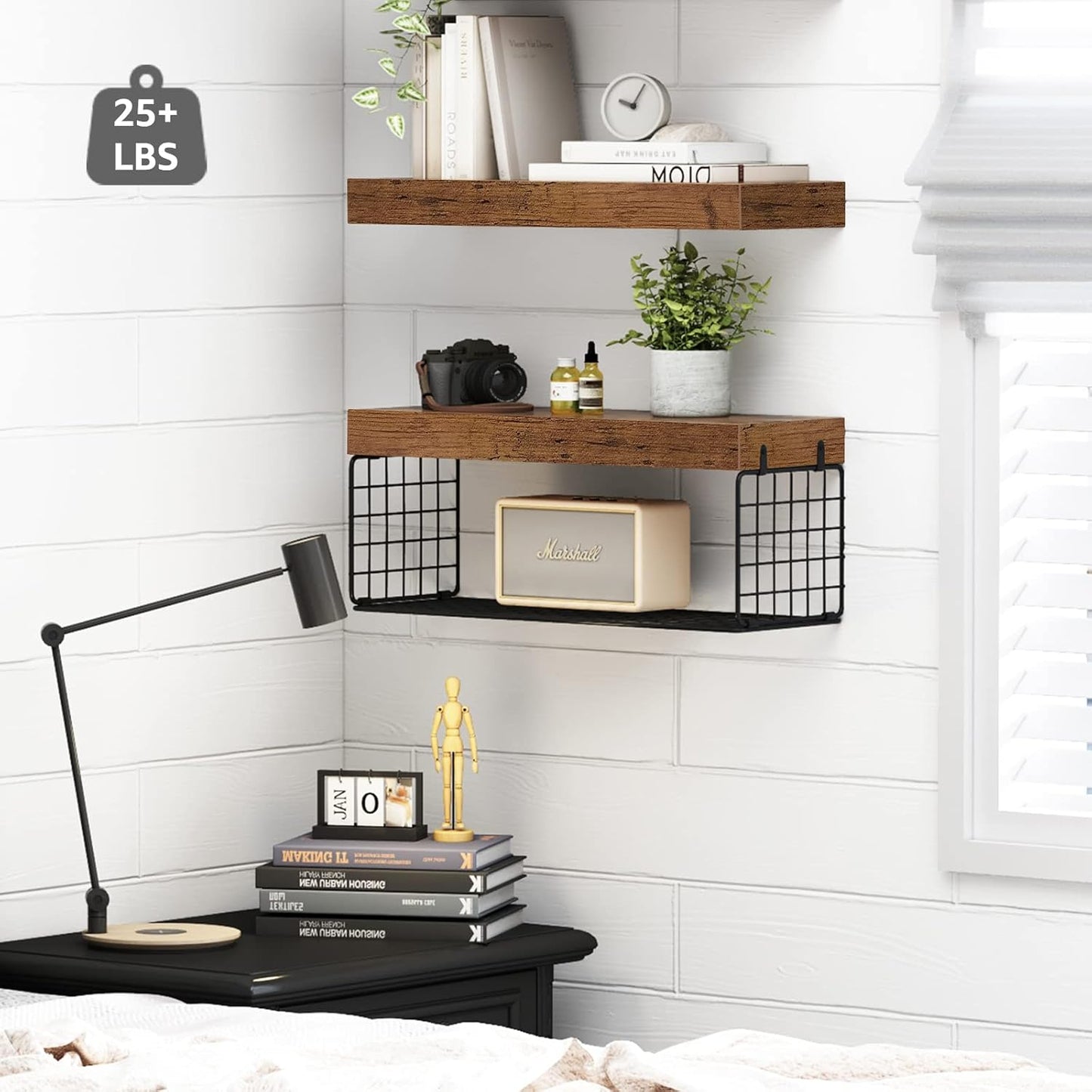 QEEIG Bathroom Shelves Over Toilet - Rustic Brown Wall Mounted Floating Shelves | Set of 2, 16 Inch for Farmhouse Decor