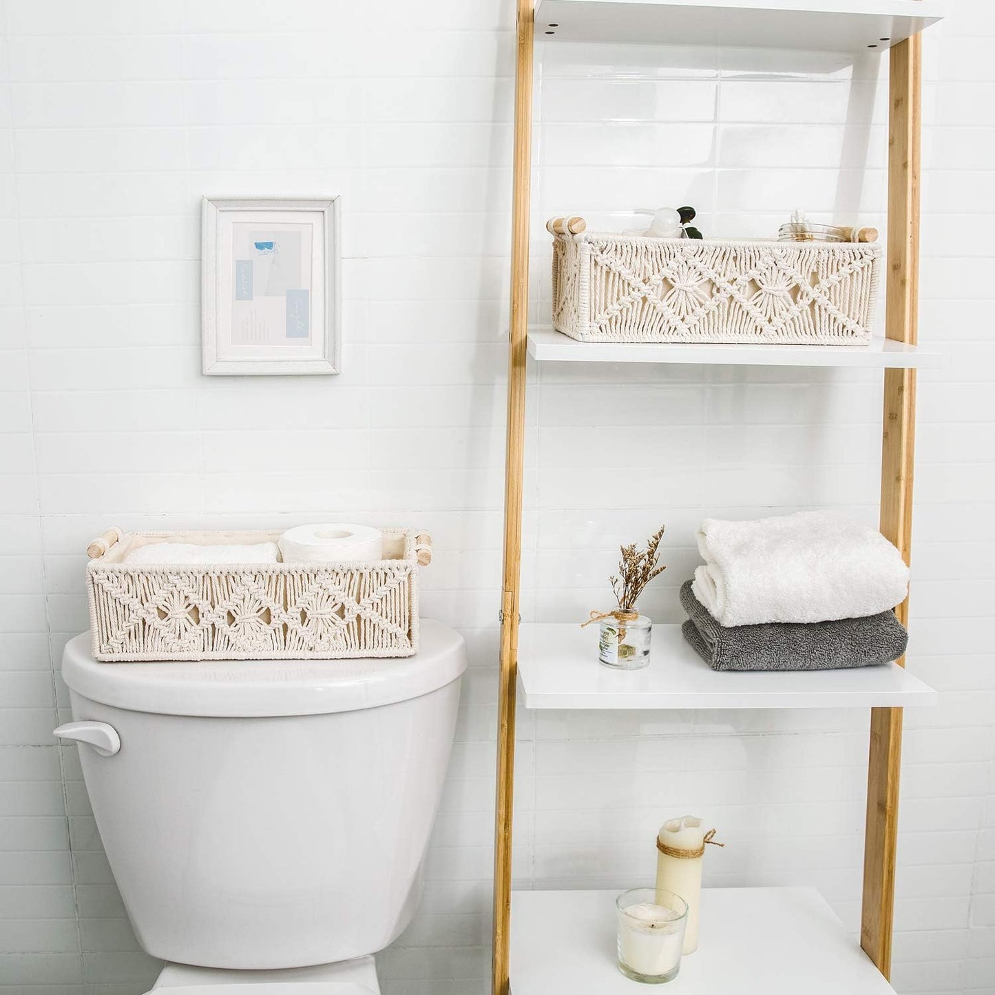 Mkono Macrame Storage Baskets - Handmade Woven Organizer for Home Décor | Set of 2, Ivory