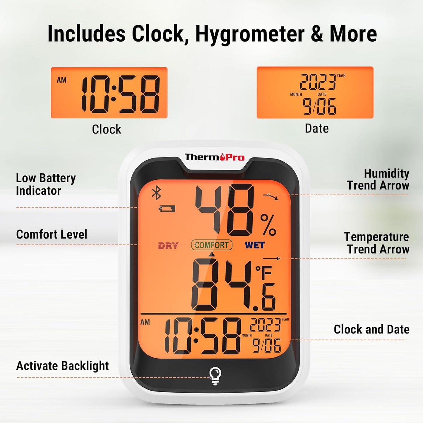 ThermoPro TP358 Bluetooth Thermometer - Smart Indoor Temperature & Humidity Sensor | 260Ft Range, Backlit Display