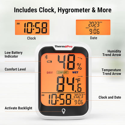 ThermoPro TP358 Bluetooth Thermometer - Smart Indoor Temperature & Humidity Sensor | 260Ft Range, Backlit Display