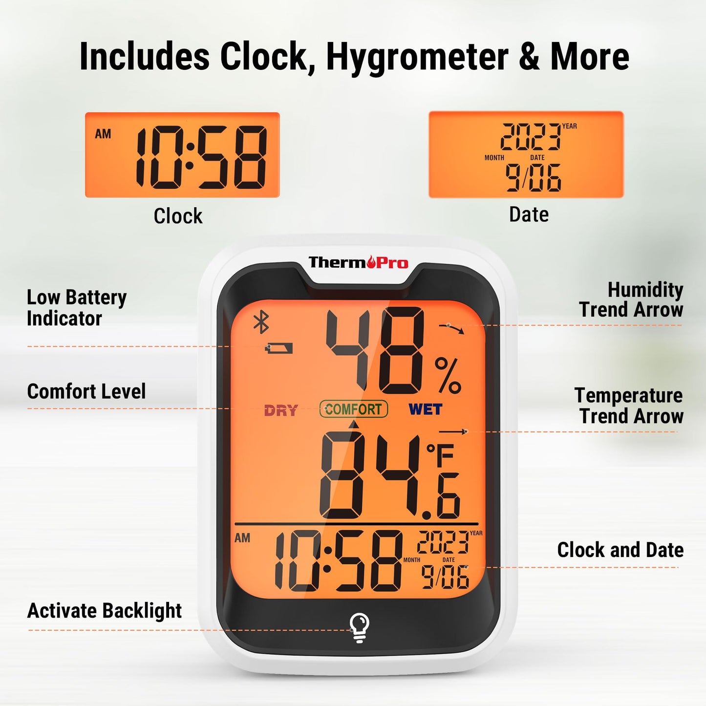 ThermoPro TP358 Bluetooth Thermometer for Room Temperature with Built-in Clock, Smart Temperature Sensor and Humidity Meter with Backlit, 260Ft Hygrometer Indoor Thermometer with Data Storage Export