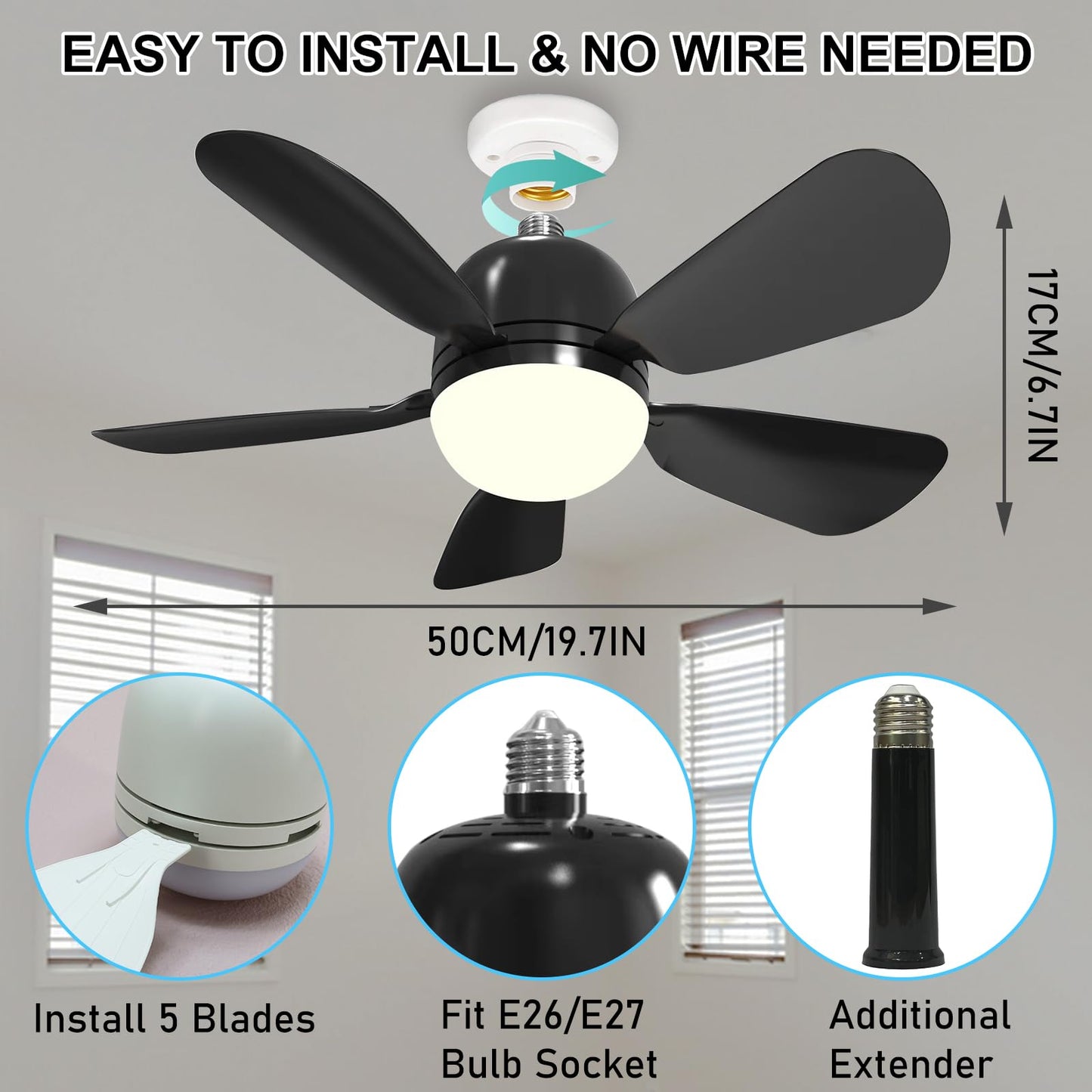 Socket Fans with Remote, E26 Screw in Ceiling Fans with Dimmable Lights, Adjustable Powerful Airflow Quiet Ceiling Fan Light Kit Bulb for Bedroom, Living Room, Kitchen, Garage (Black 2Pack)