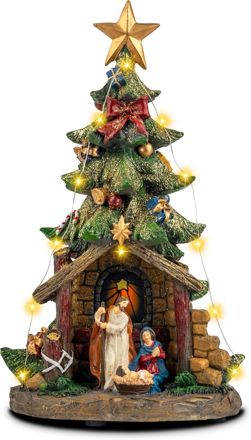 VISFLAIR 12'' Lighted Christmas Nativity Scene - Musical Holy Family Figurines with LED Lights
