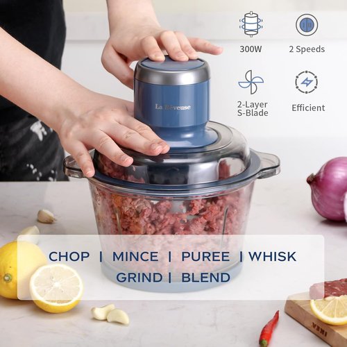 La Reveuse Food Processor - 7-Cup Electric Chopper with 4 Bi-Level Blades | 300W, Blue Glass Bowl