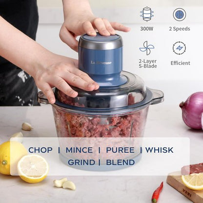 La Reveuse Food Processor - 7-Cup Electric Chopper with 4 Bi-Level Blades | 300W, Blue Glass Bowl