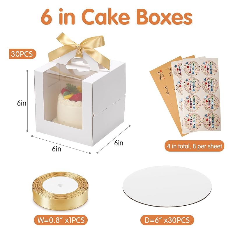 KPOSIYA 60 Pack 6x6x6 Inch White Cake Boxes with Windows, 6 Inch Cake Boards & Accessories - Variation: white+30+6x6x6