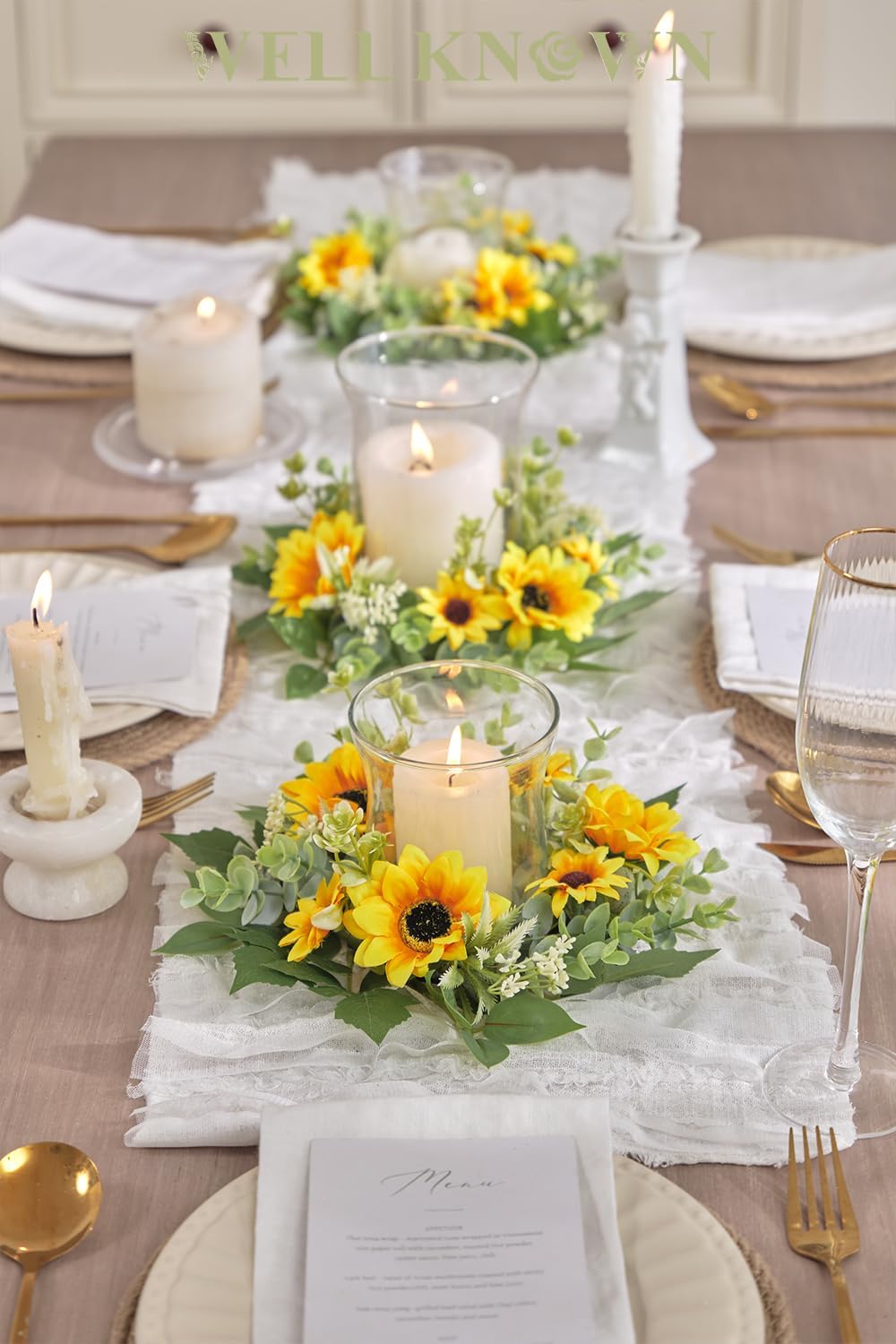 Skiennix Mini Spring Floral Candle Rings - 2 Pcs 9-Inch Yellow Sunflower Wreaths for Home Decor | Ideal for Weddings & Parties