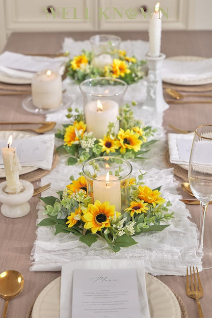 Skiennix Mini Spring Floral Candle Rings - 2 Pcs 9-Inch Yellow Sunflower Wreaths for Home Decor | Ideal for Weddings & Parties