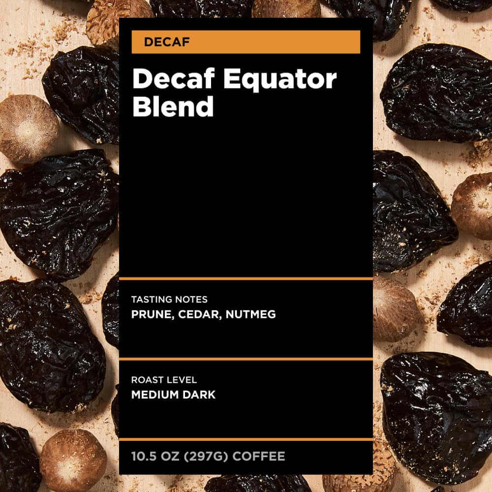 Equator Coffees, Equator Blend Decaf Ground Coffee, Medium Dark Roast, Fresh Roasted, Smooth Chocolate Nutmeg Flavor Notes, Sustainable, Decaffeinated Water Process, 10.5 oz Bag