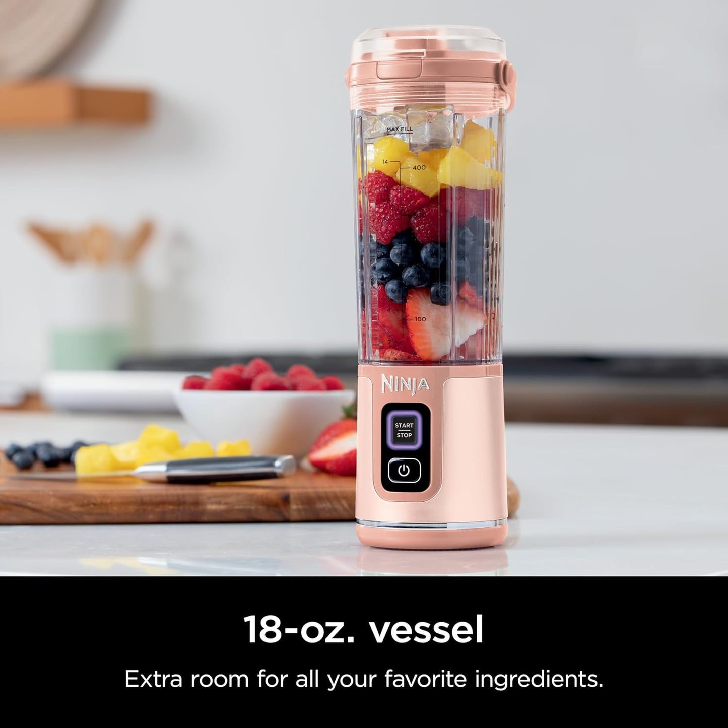Ninja BC155PS Portable Blender - Cordless Personal Blender for Shakes & Smoothies | 18oz, BPA Free, Rechargeable, Leakproof Lid, Peach & Stone
