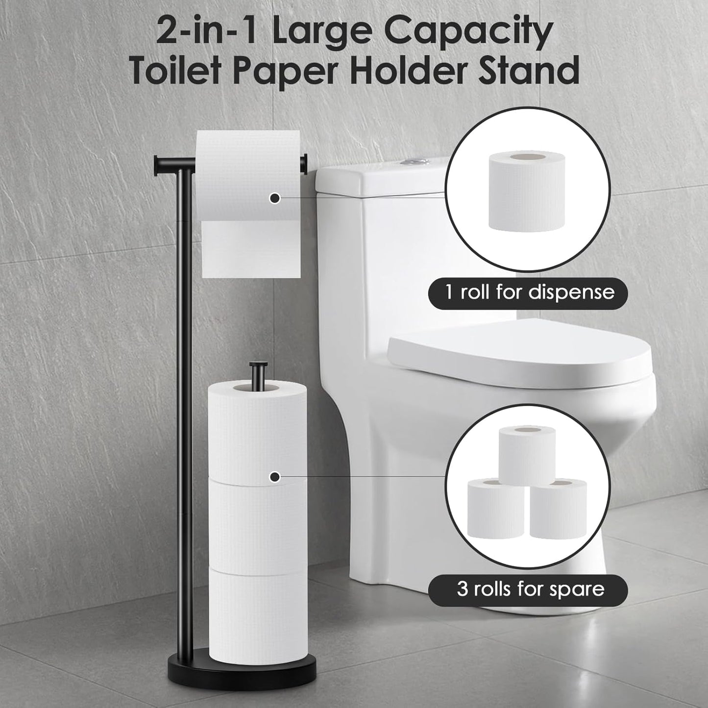Skiennix Toilet Paper Holder Stand - Rustproof Free Standing Design with Large Reserve & Thick Base