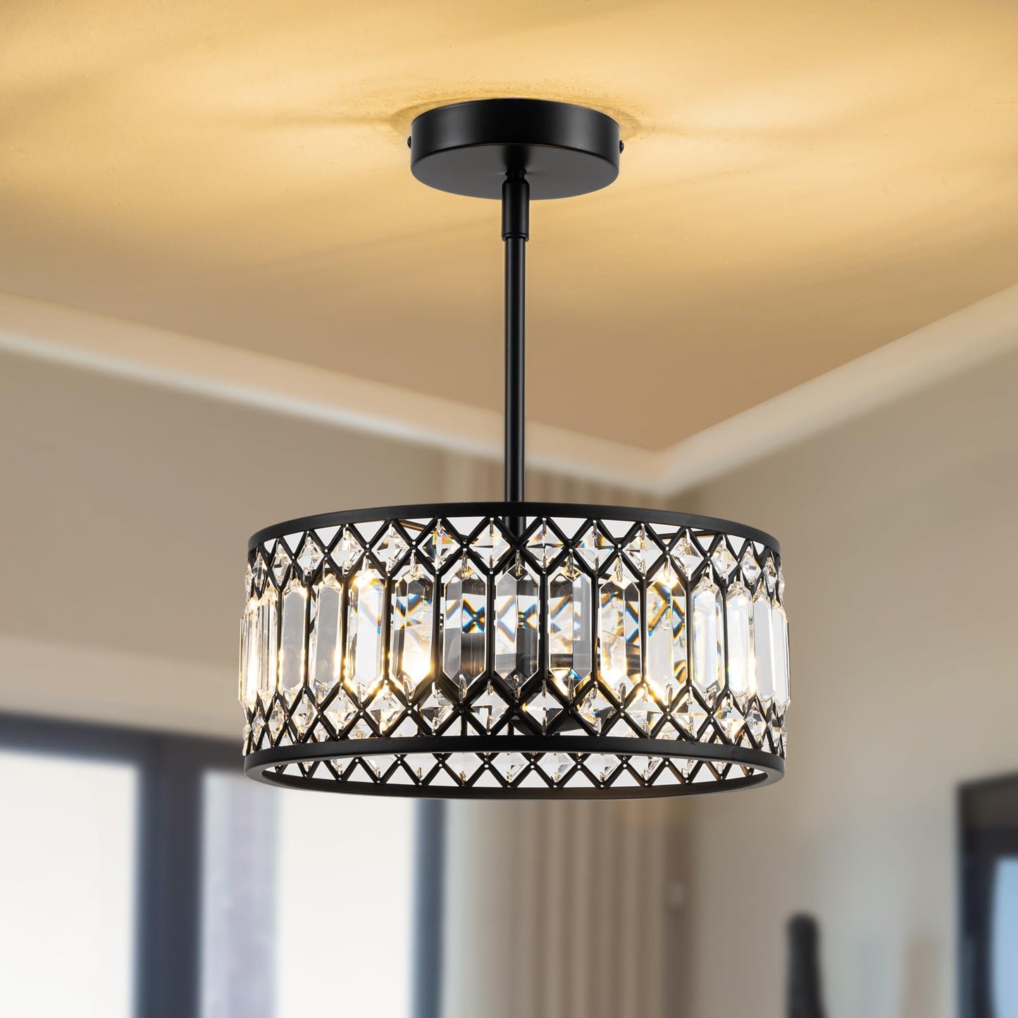 Rpzloila 2-Light Crystal Ceiling Light Fixture, Modern Semi Flush Mount Ceiling Light, Black Crystal Chandelier for Kitchen Bedroom Bathroom Entryway Hallway
