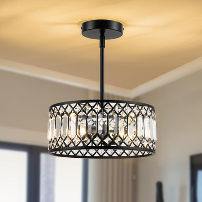 Rpzloila 2-Light Crystal Ceiling Light Fixture, Modern Semi Flush Mount Ceiling Light, Black Crystal Chandelier for Kitchen Bedroom Bathroom Entryway Hallway