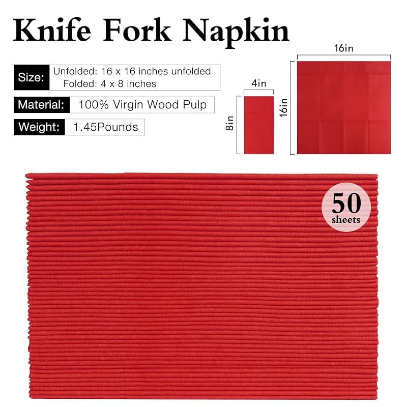 Disposable Linen-Feel Napkins with Built-In Flatware Pocket, Red 50 Count