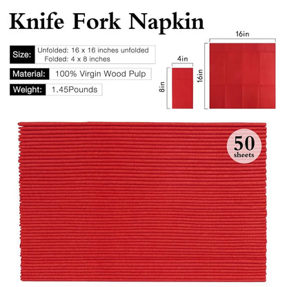Disposable Linen-Feel Napkins with Built-In Flatware Pocket, Red 50 Count
