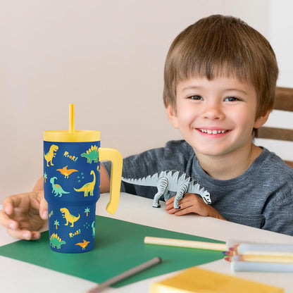 SANDJEST 20oz Dinosaur Tumbler - Insulated Stainless Steel Cup with Handle & Silicone Straw | Perfect Gift for Kids