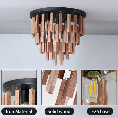 MOUJOE 7-Light Flush Mount Wooden Ceiling Light - Rustic Oak and Black Ceiling Lamp with E26 for Farmhouse Kitchen, Dining Room, Living Room, Bedroom, Foyer, Hallway…