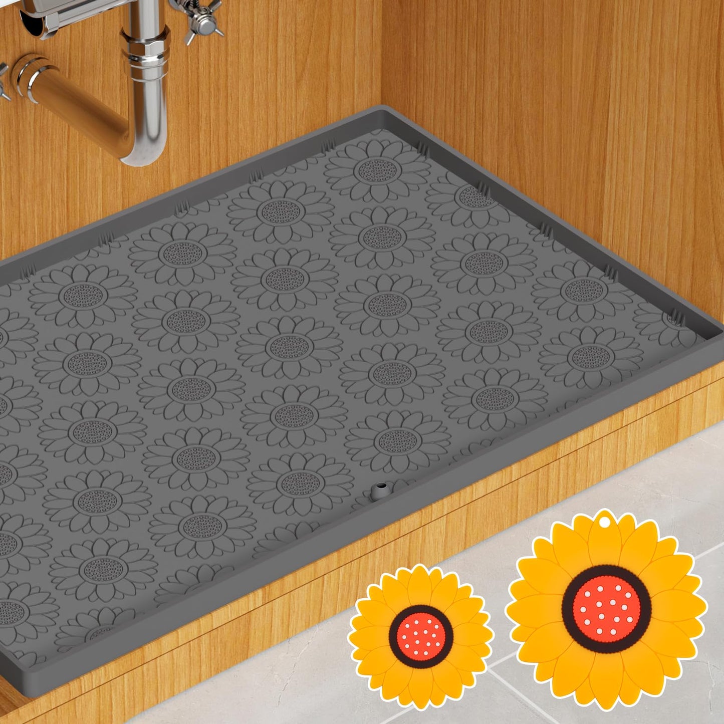 Beiyunee Under Sink Mat Kitchen Waterproof - 34" x 22" for Kitchen and Bathroom Cabinets Under Shelf Liner Organizer Non-Slip Surface Drip Tray Undersink Protector,Dark Gray