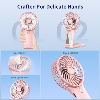 Skiennix Portable Mini Fan - USB Rechargeable Handheld Cooling Device | 4-Speed, Compact Design, Pink