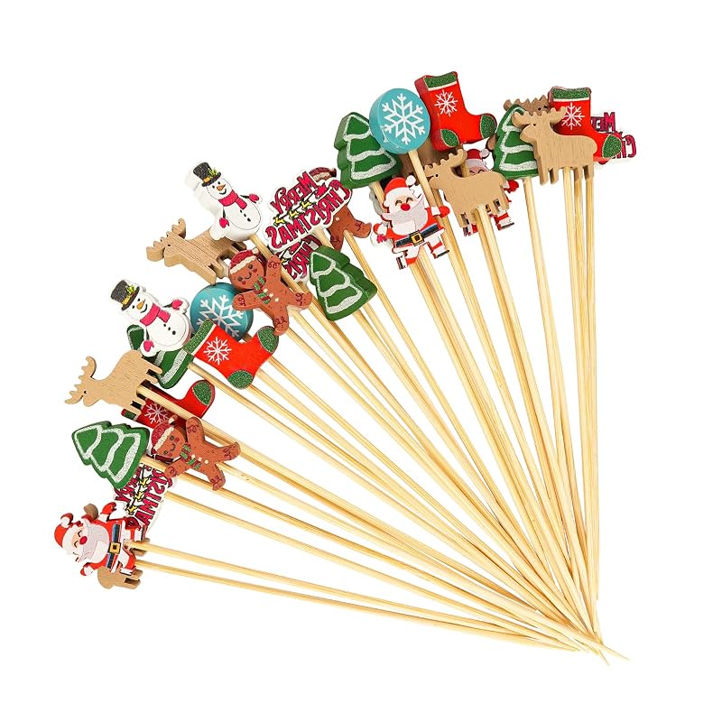 Christmas Theme Cocktail Picks 100 Pcs Bamboo Toothpicks 4.7" - Snowman, Tree & Santa