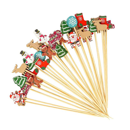 Christmas Theme Cocktail Picks 100 Pcs Bamboo Toothpicks 4.7" - Snowman, Tree & Santa