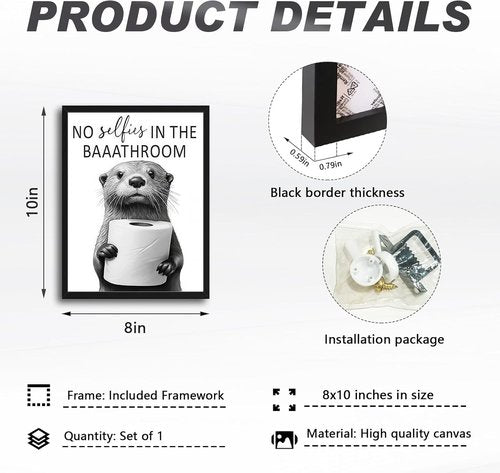 Framed Funny Bathroom Wall Art - Cute Otter Holding Toilet Paper | Black and White Canvas Print - 8x10in
