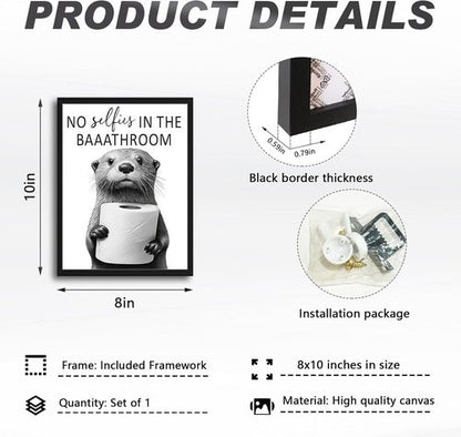Framed Funny Bathroom Wall Art - Cute Otter Holding Toilet Paper | Black and White Canvas Print - 8x10in