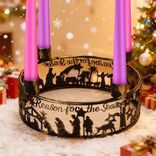 Blulu Advent Wreath Candle Holder - Rustic Nativity Scene Ring for Christmas Centerpiece | Metal Jesus Design