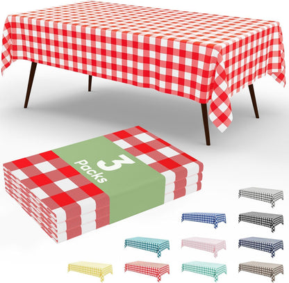 Smiry Disposable Tablecloths - 3 Pack Red Gingham Waterproof Rectangle Covers | 54" x 108" for Parties & Picnics