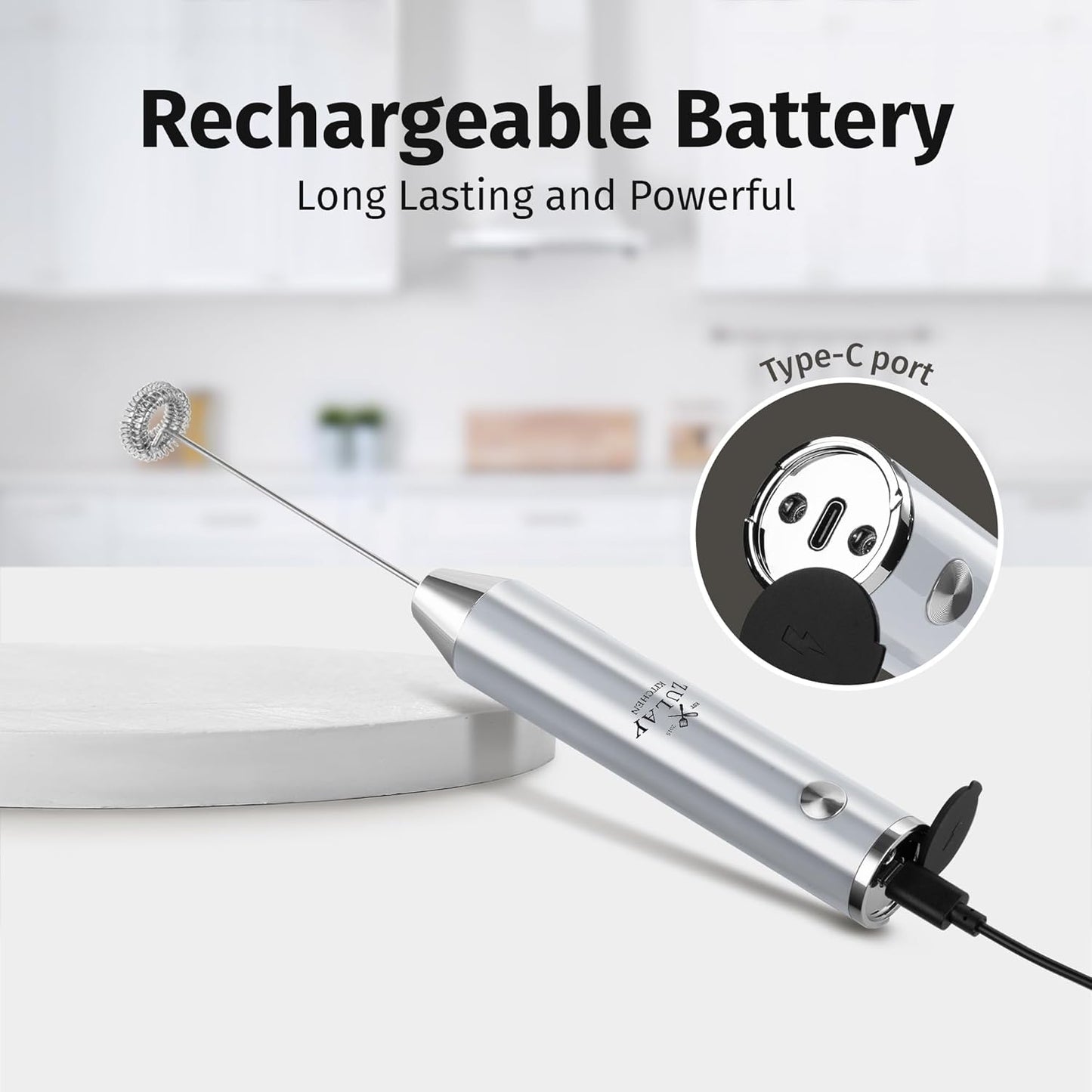 Zulay Kitchen Rechargeable Milk Frother - Powerful 2-Speed Motor, Waterproof, 2000mAh Battery | Pure Silver Drink Mixer for Lattes, Cappuccinos, Matcha & Protein Powder